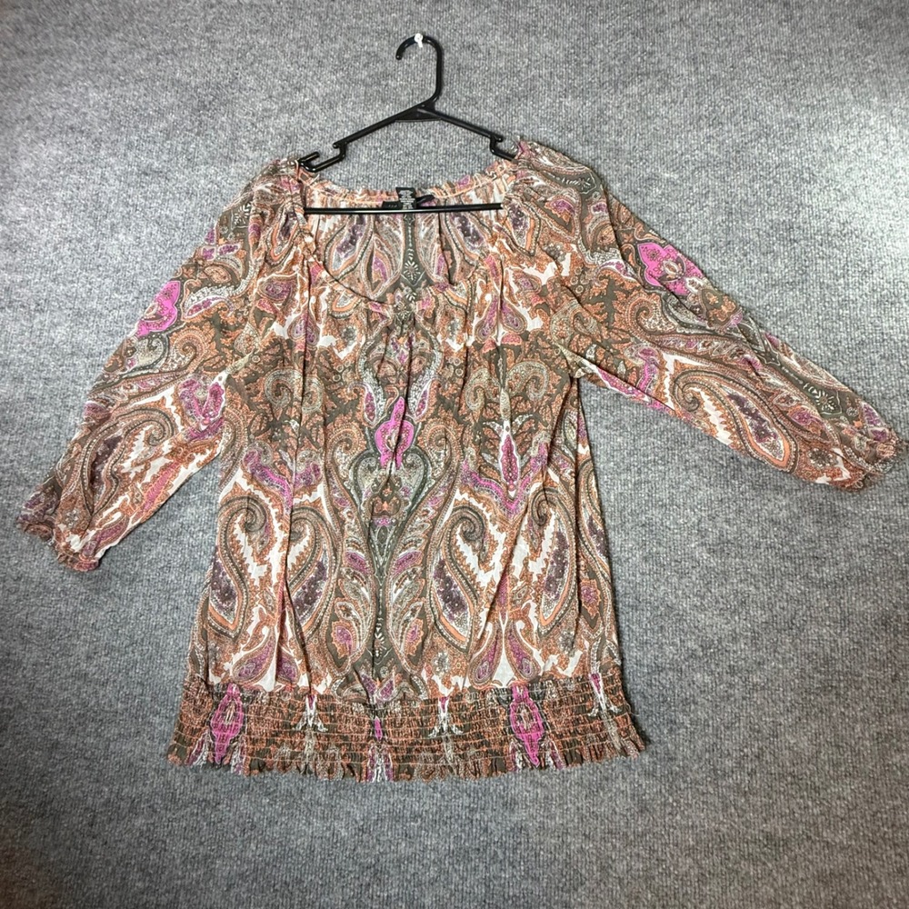 INC International Concepts Womens XL Paisley Mesh Smocked Hem Blouse Pink Orange